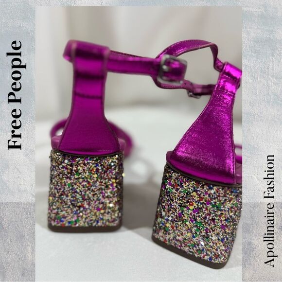 Free People Womens Pink Strappy Confetti Glitter Heels In Fuchsia Size 37.5 NWT - Picture 5 of 8